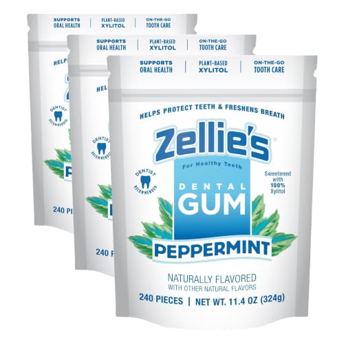 Image of Zellie's | 100% Xylitol Peppermint Chewing Gum | No Aspartame, Gluten Free, Vegan & Kosher (240 Count - Pack of 3)