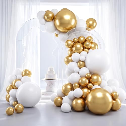 Image of RUBFAC White and Gold Balloons 129pcs Different Sizes Pack of 18 12 10 5 Inch, Latex Balloon Garland Arch Kit for Birthday Party Wedding Holiday Baby Shower Decoration