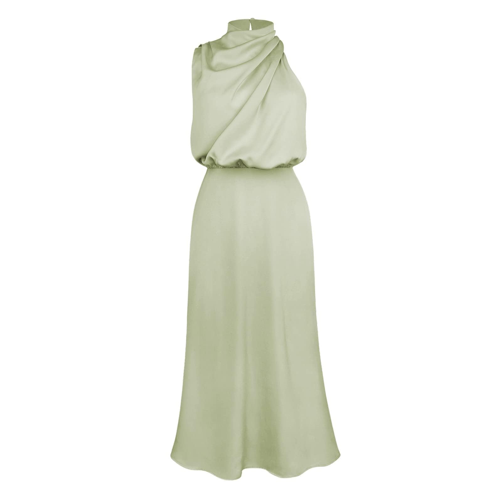 Elegante abito da sera lungo senza maniche in raso con allacciatura al collo, abito estivo da matrimonio, a vita alta, elegante