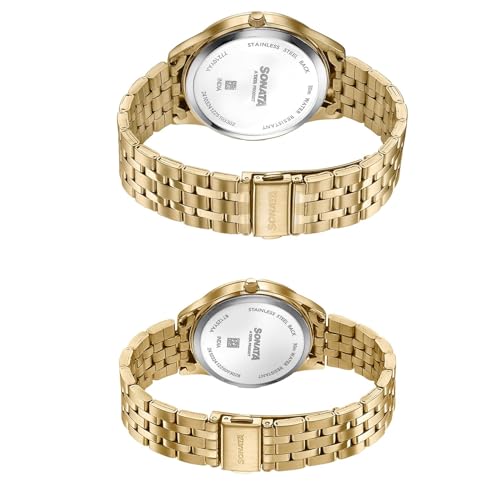 Image of Sonata Jashn with Quartz Analog Red Dial Gold Strap Men and Women (Pair) Wedding Watch - 7721087125YM03