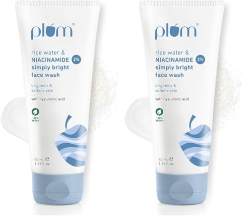 Image of Plum Simply Bright 2% Niacinamide Face Wash With Rice Water | Brightens Skin, Helps Fade Blemishes | Softens & Smoothens Skin | Gentle & Non-Drying | Women & Men | 100% Vegan | 50 ml (Pack of 2)