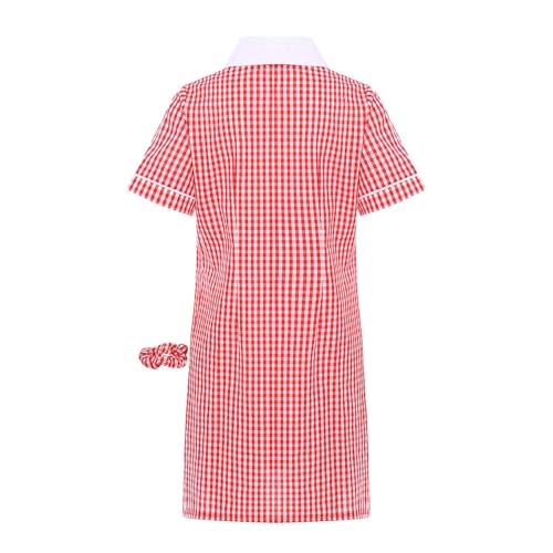 Little Girls Turn Down Collar Plaid Shirtdress Pleated Hem Swing Ruffle Dresses with Elastic Hairband3