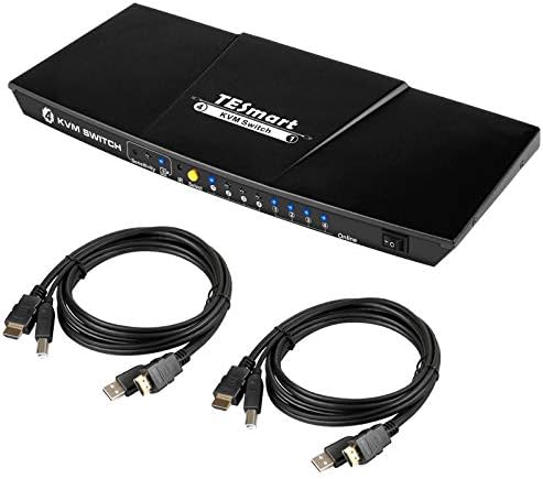 TESmart 4 Port HDMI KVM Switch 4K Ultra HD 3840x2160@30Hz | 4x1 KVM Switcher 4 PC 1 Monitor with 2x1.5m KVM Cables Supports USB 2.0 Devices Controls up to 4 Computers/Servers/DVR-Matte Black