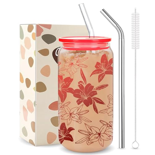 Kihraw Lily flower Glass Cups Floral Drinking Glasses Lovely Floral Iced Coffee Cup with 2 Straw 16 oz for Women Girl Holiday Summer Home Office Decorations