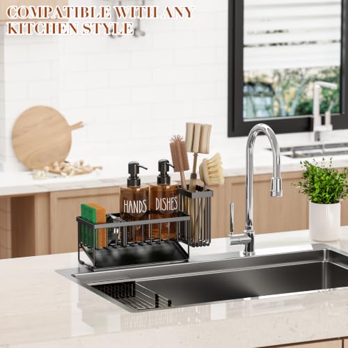 Image of MASADI Kitchen Dish Soap Dispenser Set with Sponge Holder, 12OZ Glass Bottle, Hand and Dish Soap Dispenser Set, Non-Slip Silicone Pad, Brush Holder, Kitchen Sink Organizer Countertop (Black+Amber)