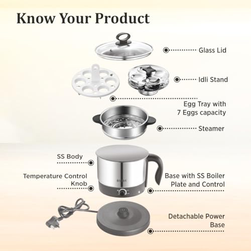 Image of BALTRA Multi-Kettle 1.2L Instacook | Adjustable Power Modes 600 W | 7 - Egg Tray, Idli Maker and Steamer | Stainless Steel | Automatic Overheat Protection | Multipurpose Kettle, 2 Year Warranty