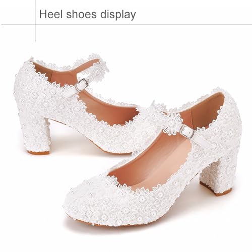 White Bridal Wedding Shoes Closed Toe Dress Pumps 2.75 Inch Chunky Heels Round Toe with Lace Flower Crystal Pearl Stitching Wedding Shoes2