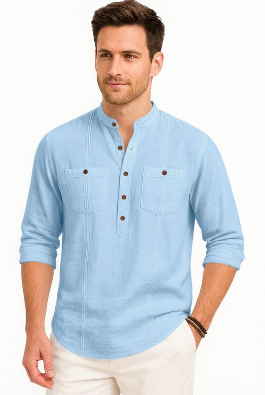 Image of ROYALSCOUT Men's Cotton Polyester Blend Kurta Style Shirt with Mandarin Collar, Half Button Placket, Dual Chest Pockets, Long Sleeve Casual Ethnic Fusion Wear for Office, Festive and Daily Use