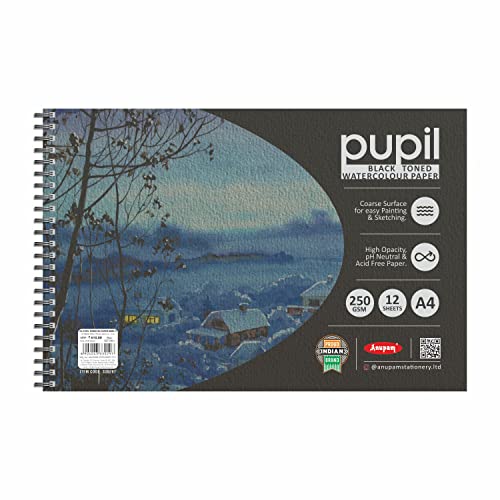 Image of Anupam Pupil Black Toned Watercolour Paper Wire-O Book - Cold Press Paper - 250 GSM - 12 Sheets - A4