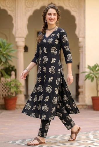 Image of Women's Cotton A-Line Kurta Pant Set | Printed Ethnic Co-Ord Set for Office Wear & Festive Look | Comfortable Breathable Fabric Kurti Pant for Women