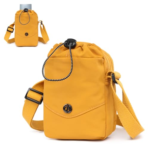 Myhozee Damen Handtasche Nylon Umhängetasche Kleine Handytasche Tasche Herren Crossbody Bag Wasserdicht Taschen mit Trinkbecher-Aufbewahrungstasche Gelb