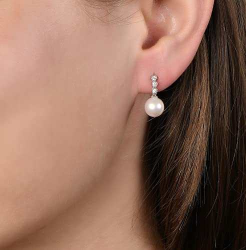 14K White Gold 0.09ctw Diamond & 8mm-8.5mm AAA Round White Freshwater Cultured Pearl Stacked Bezels Drop Stud Earrings (G-H Color, SI2-I1 Clarity)2