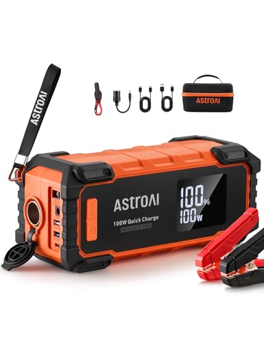 AstroAI Car Battery Jump Starter 6000A Peak 27000 mAh Portable Charger and Jumper Cables for All Gas/12.0L Diesel Lithium Car Jump Starter Battery Pack Cables, 100W Fast Charging