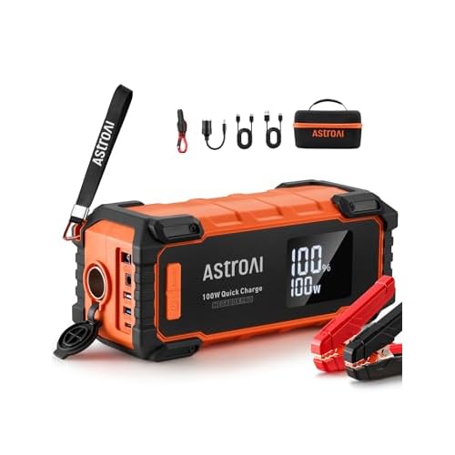 AstroAI Car Battery Jump Starter 6000A Peak 27000 mAh Portable Charger and Jumper Cables for All Gas/12.0L Diesel Lithium Car Jump Starter Battery Pack Cables, 100W Fast Charging 6000A-Orang