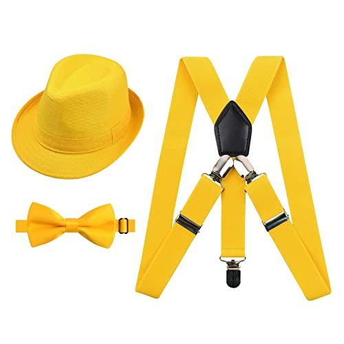 Alizeal 1 inch 2.5cm Suspender and Bow Tie Set with Fedora Hat for Kids