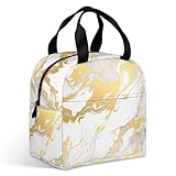 Surwin Bolsas Termicas Porta Alimentos, Estilo Mármol Bolsa Almuerzo Aislada 9L Impermeable Hermética e Isotérmica Diseño de Bolsillo Frontal para Trabajo Colegio Picnic (Blanco + Dorado)