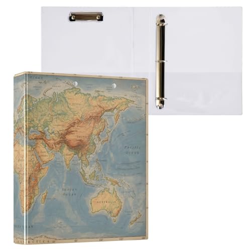 Image of Retro World Map Continents 3 Ring Binder with 2 Interior Pockets 1.5 inch Binders 3 Ring Heavy Duty Fit 8.5 inch x 11 inch Letter Size for Office School, 2 Pack