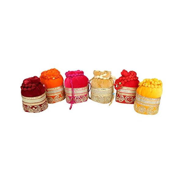 Indian Velvet Potli (Pack of 6 Potli Bag in assorted color), Jwelery Pouch, Coins Pouch, Assorted, 1 Count (Pack of 6)