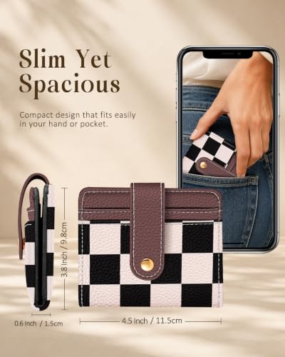 Image of Bistup Small Card Wallet for Women with Keychain, Black & White Checkered | durable material, clear ID window,, compact design for daily carry, sturdy keychain, aesthetic