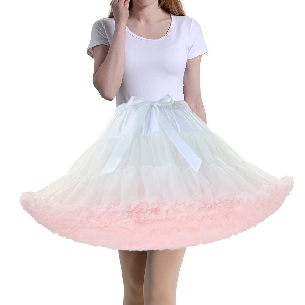Tmade Women's Tulle Petticoat Tutu Party Multi-Layer Puffy Cosplay Skirt, WhitePink, Length 40cm, Waist 56-100cm