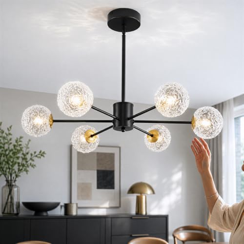 Image of Modern Sputnik Chandelier,6-Light Black Chandelier with Glass Shades, mid Century Semi Flush Mount Ceiling Light Fixture,Pendant Light Fixture for Dining Room,Kitchen Island Bedroom