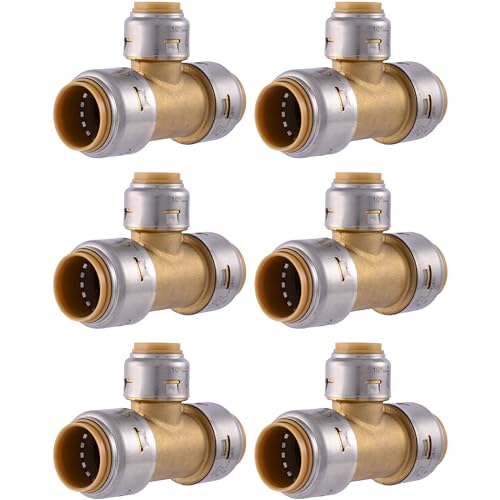 Image of SharkBite Max 3 /4 Inch x 3 /4 Inch x 1 /2 Inch Reducing Tee, Pack of 6, Push To Connect Brass Plumbing Fitting, PEX Pipe, Copper, CPVC, PE-RT, HDPE, UR412