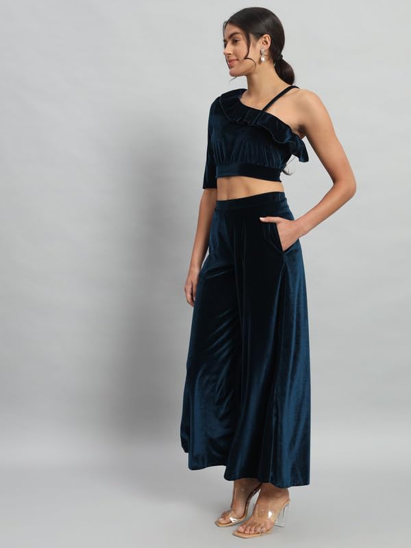 Image of Vaararo Velvet Co-Ords for Women | One Sleeve Crop Top with Palazzo Set Casual Party Dress