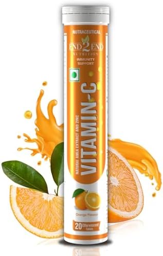 End2End Nutrition Vitamin C Tablets with 1000mg Amla & Zinc, Vitamin C Supplement for Immunity, Collagen Support & Skin Health | Orange Flavour - (Pack of 1) 20 Effervescent Tablets