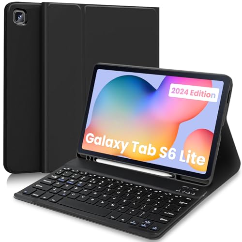 YUEJIDZ Keyboard Case for Samsung Galaxy Tab S6 Lite 2024 Leather Cover with Magnetically Detachable Wireless Keyboard with S-Pen Holder for Galaxy Tab S6 Lite 10.4 2024/2022/2020 Black
