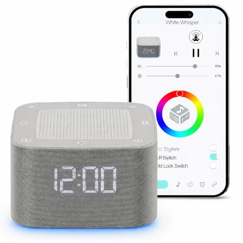White Noise Machine & Bluetooth Alarm Clock with App controlled Music Player ,32+ Soothing Sounds,8-Color Night Light, 5-Timer Settings, Dimmable, Memory Function, for Adults,Baby,Bedroom,Office (Grey)