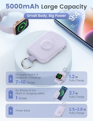 Rorry D2 Portable Charger, 5000Mah Portable Charger Power Bank With Built-In Cables, Travel Keychain Battery Pack For Apple Watch Ultra 2/9/8/Ultra/7/6/Se/5 thumb #2