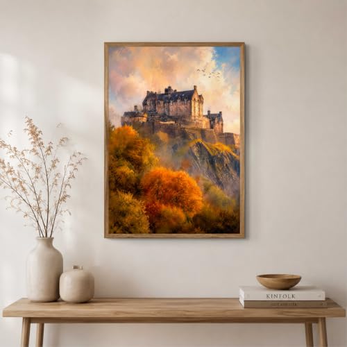 Image of Livin'luxe Castle Mountain Landscape Wall Painting for Living Room Bedroom Hall Office Decor, Vintage Autumn Artwork with Sparkle Laminate and Premium Wooden Synthetic Frame (19.5 x 25.5 Inch) NL01-4113
