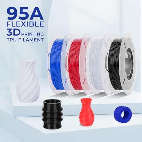 Image of AMOLEN 3D Printer Filament, Flexible TPU Filament Bundle, 1.75mm TPU Filament Multicolor, Soft Filaments of High Elasticity, Supports High Speed, 200gX4 Spools(Black /White /Red /Blue)