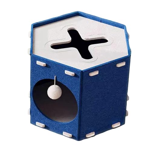 Baoblaze Felt Cat House Hideaway with Ball Hanging Foldable for Indoor Cats Spacious Scratcher Easy Assembly Cat Bed Cave Enclosed Bed, Blue