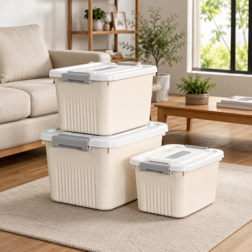 Image of HoopVool Multipurpose Plastic Storage Container Box - Sturdy and Versatile Home Organizer, Available in Multiple Size. (CREAM, MEDIUM - 12 X 8.5 X 7 INCH, PACK OF - 1)