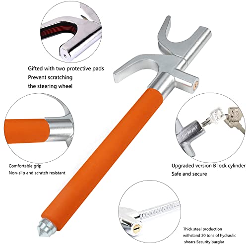 Car Steering Wheel Lock, Lootaan The Anti Theft Device For Cars, Universal Car Steering Wheel Lock, Adjustable Vehicle Anti-Theft Lock With 3 Keys And Safety Hammer Function(Orange) #TOP1