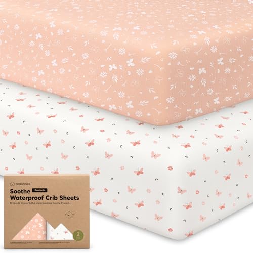 Image of 2-Pack Waterproof Crib Sheets for Boys, Girls - 52x28 Fitted Organic Cotton Baby Crib Sheets, Toddler Mattress Protector Cover, Washable, Soft & Durable Baby Bedding Essentials (Butterflies)