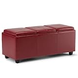 SIMPLIHOME Avalon Storage Ottoman - 42 inch Wide Upholstered Vegan Leather Rectangular Flip-Top Ottoman in Red, Contemporary Coffee Table Ottoman for Living Room with Hidden Storage