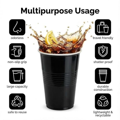 Image of FunBlast Party Drinking Glasses - 20 Pcs | 500 ML Reusable Beer Pong & Cocktail Cups | Leakproof, Strong & Durable Plastic Glass Set for Parties, Events & Celebrations (Black)