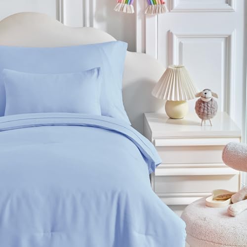 Image of Kids Comforter Sheet Set - Soft and Breathable Bed Set Includes Quilted Comforter, Fitted Sheet, Flat Top Sheet, Pillowcase and Toddler Pillowcase for Toddler - 5 Pieces Toddler Bedding Light Blue