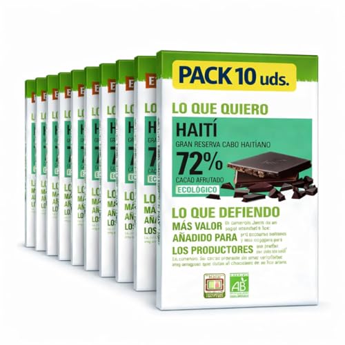 Pack 10x Chocolate Negro 72% Haití Ethiquable Bio 100 g | 10 Tabletas de 100 g (Total 1 kg) | Cacao Ecológico de Origen Haití | Sabor Intenso y Aromático | Comercio Justo