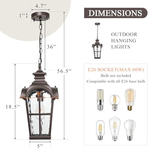 Image of 18.5 Inch Large Outdoor Pendant Lights Waterproof Aluminum Hanging Lantern Light with Water Ripple Glass Oil Rubbed Bronze Outdoor Chandelier for Porch Yard Gazebo