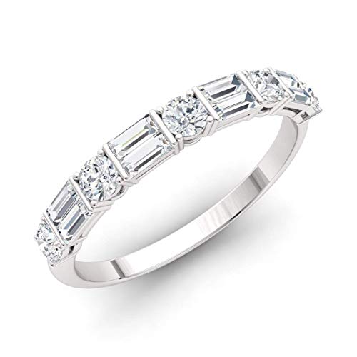 Diamondere Natural And Certified Round And Baguette Diamond Wedding Ring In 14K White Gold | 0.86 Carat Half Eternity Stackable Band For Women, Us Size 6.5 #TOP20