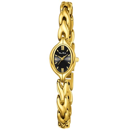 Diaofendi Vintage Oval Bracelet Gift Watch for Women, Retro Quartz Wristwatch with Waterproof Stainless Steel Band and Adjustment Tool, Elegant for Everyday & Special Occasions (Gold Black)