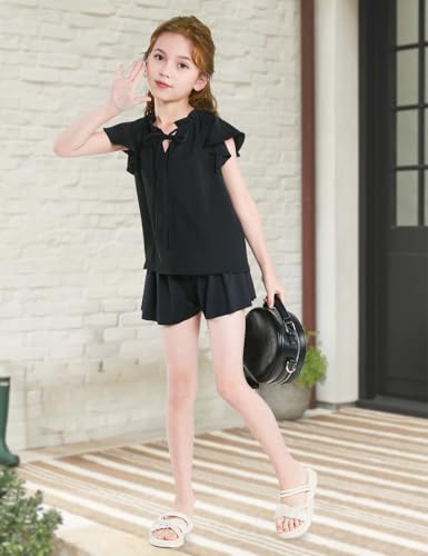 Image of Teen Girls Black Flying Short Sleeve Shirts, Ruffle Chiffon Kids Summer T Shirt Blouse, Casual Cute V Neck Girls Black Top Tees, Size 13-14 Years