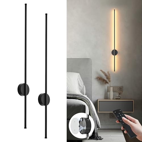 Image of Battery Operated Modern Wall Sconces Set of Two,Rechargeable Wireless Wall Lights with Remote Control,Dimmable,3CCT,Timer,360Rotation,Cordless Lighting for Bedroom,Living Room,Hallway,Black,39.3 Inch