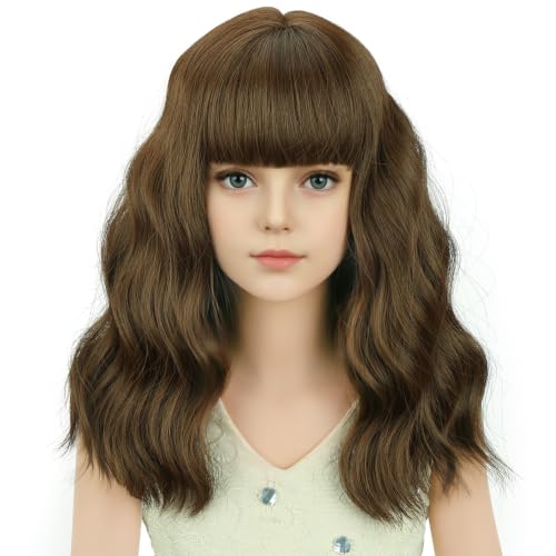 Image of Brown Wig Short Brown Wavy Curly Wigs Wig with Air Bangs Synthetic Cosplay Hair Wigs