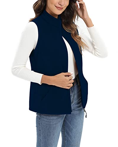 Xeoxarel Women's Fleece Vest with Pockets, Zip Up Lightweight Sleeveless Classic Fit Outerwear Full-Zip Casual Gilet Navy Blue S