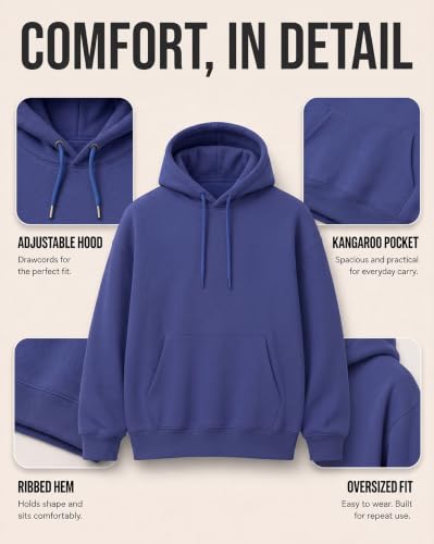 Image of NOBERO Oversized Solid Hooded Sweatshirt for Men | Oversized Hoodie for Men | Hooded Pullover | Cotton Rich Printed Hoodie 280 GSM Fleece