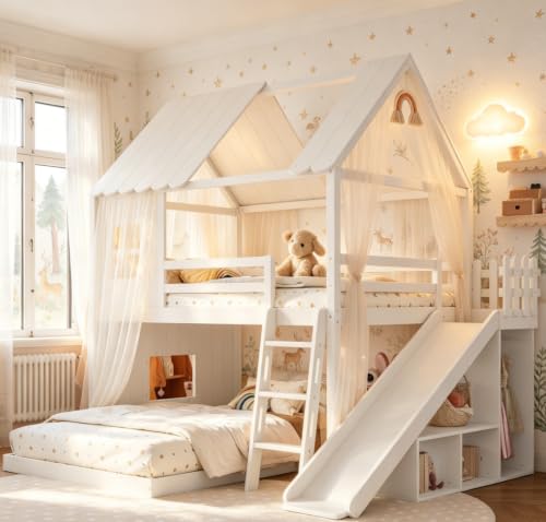Image of Bellemave Bunk beds Full Over Full with Slide,Ladders,Bookshelf and Wardrobe House roof Design, Low bunk /loft Bed for Kids,White